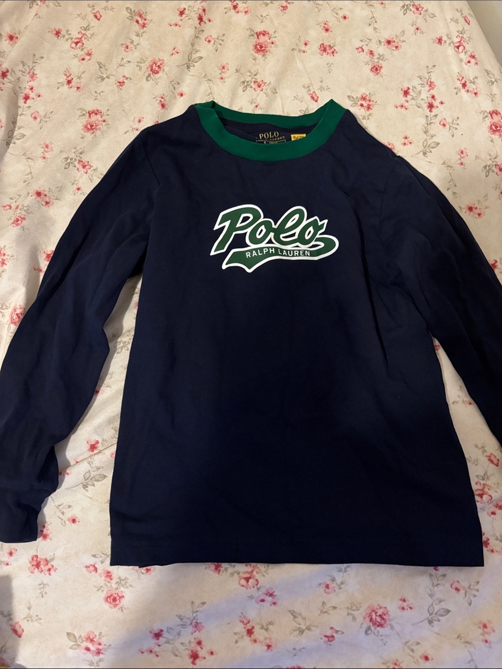 Polo by Ralph Lauren Navy Long Sleeve Tee with Green Trim